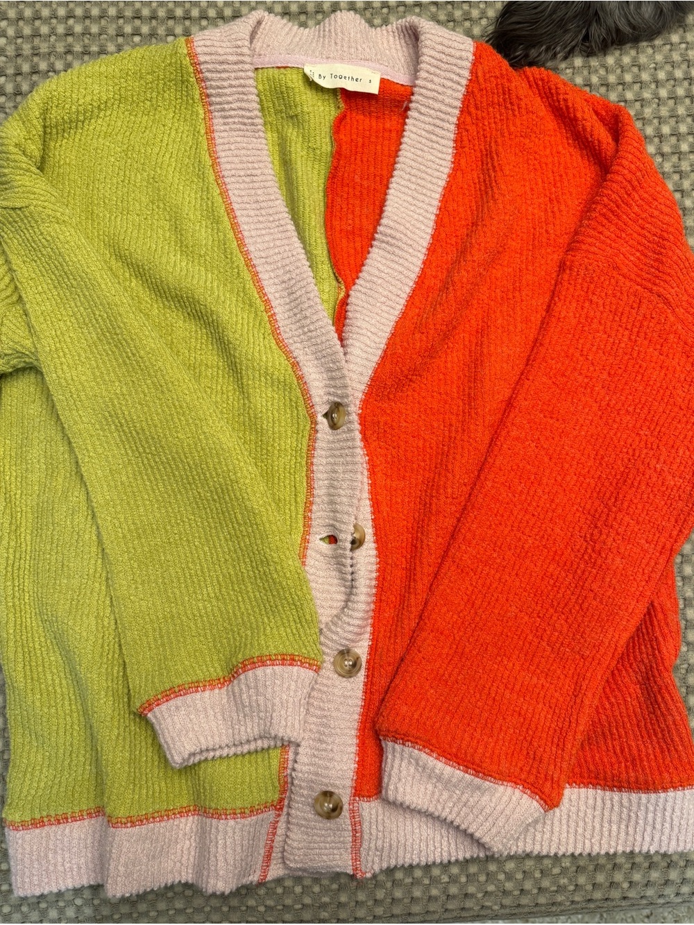 By Together Colorblock Cardigan in Lime Green, Bright Orange & Cream Trim
